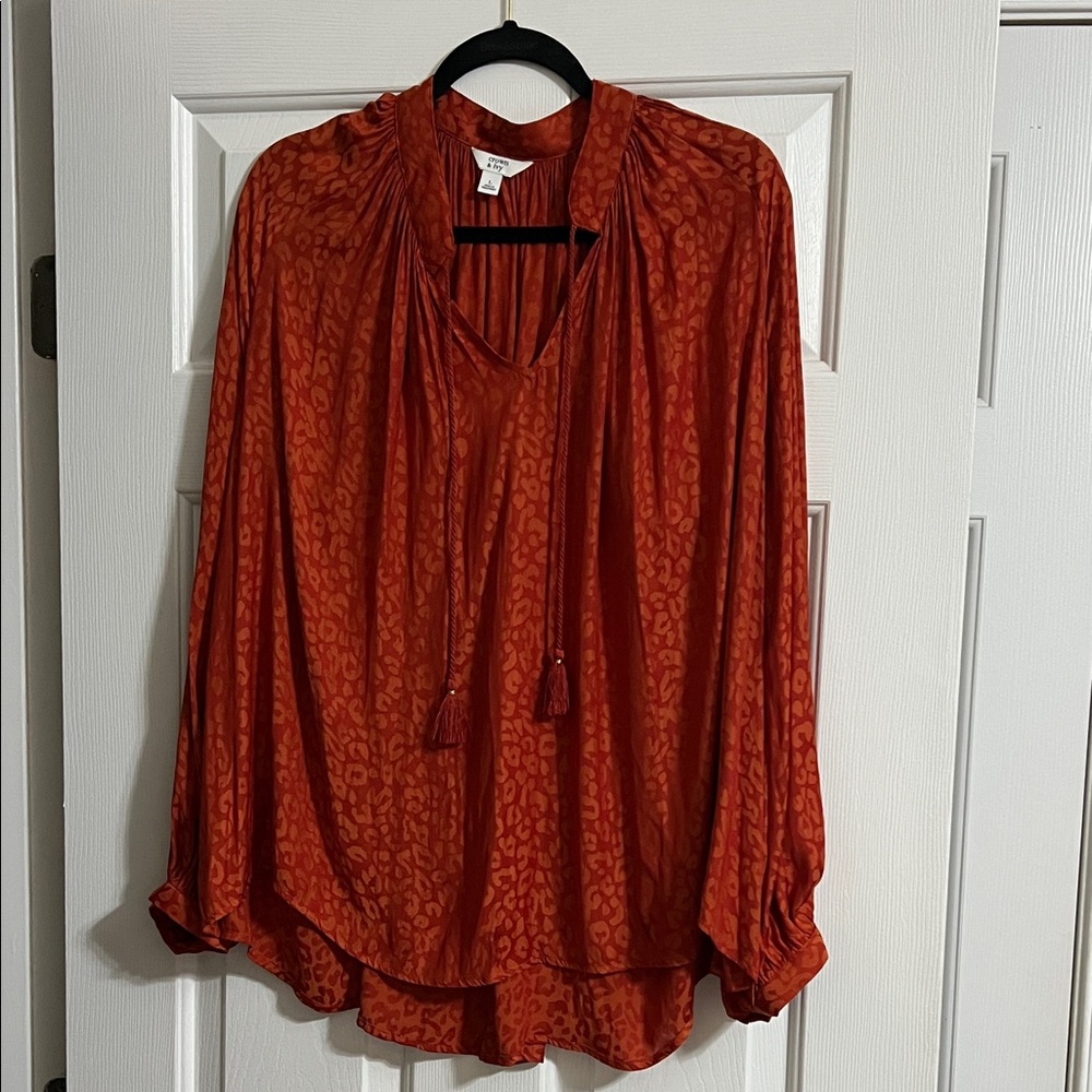 Crown & Ivy Rust Colored Long Sleeve Leopard Print V Neck Tassel Blouse Large